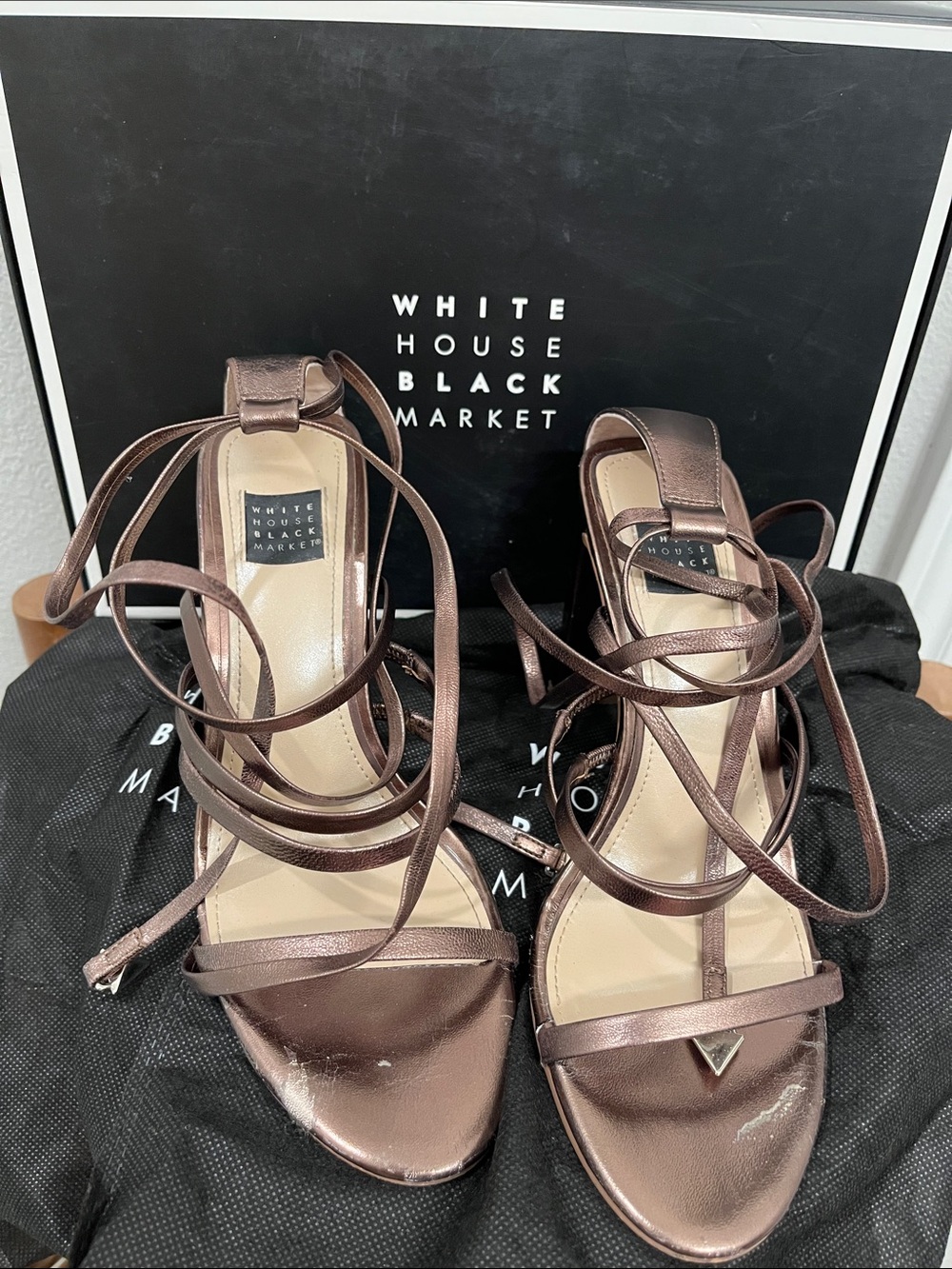 White House Black Market Metallic Bronze Lace-Up Heeled Sandals